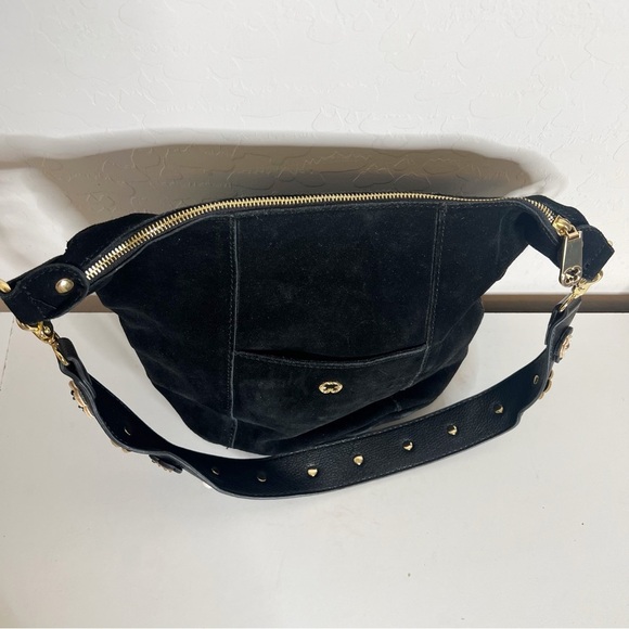 EMMA FOX 100% Leather Suede Bucket Shoulder Bag w/ Floral Appliqué Strap - Picture 2 of 13